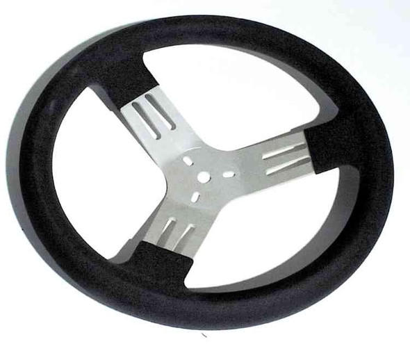 Longacre 52-56830 13-inch black lightweight aluminum kart steering wheel with natural spokes.
