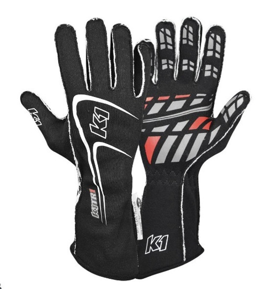 Driving Gloves, Track1, SFI 3.3/5, Double Layer, Nomex, Elastic Cuff, Black, Large