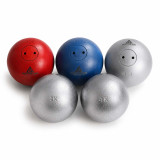 Collection of youth track and field shot puts displayed on a white background, featuring 2K, 4K, 4 lb, and 6 lb models in silver, red, and blue finishes. The shot puts are arranged in a clean product lineup, showcasing multiple weight options for youth athletes, schools, and track and field programs.