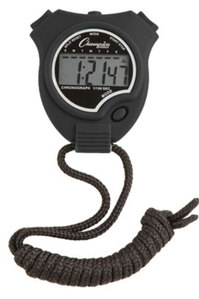 Champion Sports Stopwatch with Lap Counter. The watch has a water- and shock-resistant structure and features a big digit display.