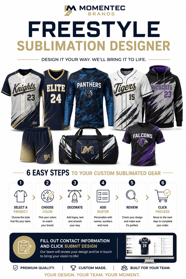 Momentec Brands FreeStyle Sublimation Designer infographic showing the step-by-step process for creating custom sublimated team uniforms, apparel, and spirit wear with personalized colors, logos, artwork, and roster information.