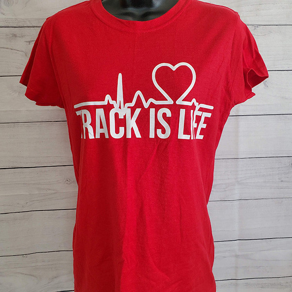 Red Women's Track is Life Graphic Tee by Impress Athletix, LLC