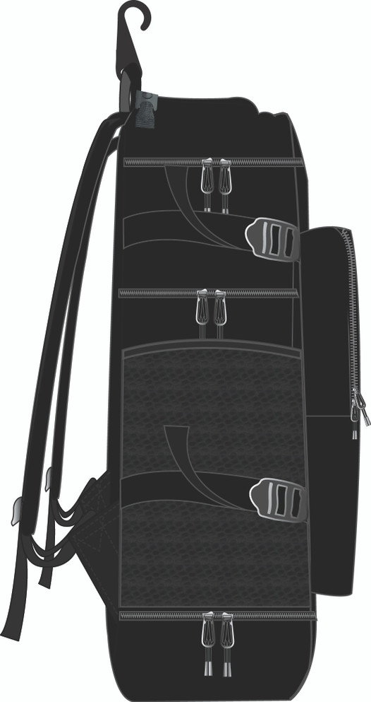 Custom Sublimated Sport Backpack Left Side with exterior side zip pocket and water bottle pocket