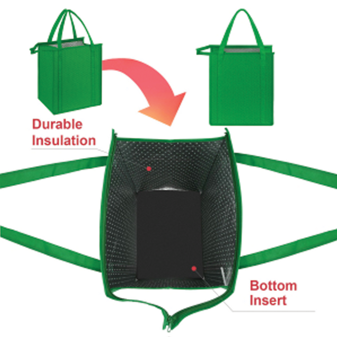 Custom Insulated Grocery Bags features durable insulation and bottom insert.