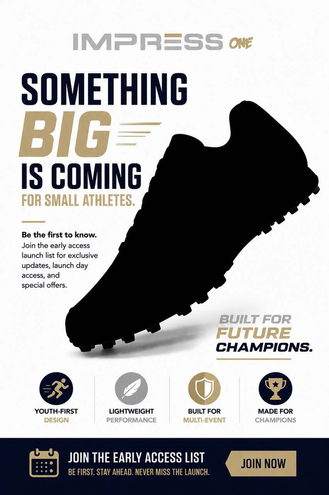 Promotional graphic for the Impress One youth track spike launch featuring a large black silhouette of a low-profile track spike with pointed spikes visible underneath. The headline reads, "Something Big is Coming for Small Athletes." Supporting text invites shoppers to join the early access launch list for exclusive updates, launch day access, and special offers. A callout reads, "Built for Future Champions." Four feature icons highlight Youth-First Design, Lightweight Performance, Built for Multi-Event, and Made for Champions. The design uses a clean white background with Impress One branding in metallic silver and premium gold, navy and gold typography, and a navy call-to-action banner encouraging visitors to "Join the Early Access List" with a gold "Join Now" button.