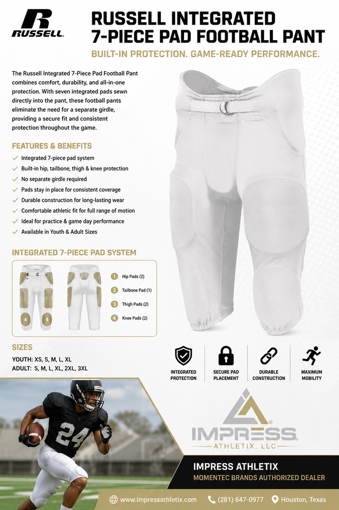 The Russell White Integrated 7-Piece Pad Football Pant delivers all-in-one football protection with built-in hip, tailbone, thigh, and knee pads sewn directly into the pant. Designed for youth and adult football players, these integrated football pants provide secure pad placement, enhanced comfort, and game-ready performance. Available through Impress Athletix, an authorized Momentec Brands dealer, these football pants are ideal for practices, games, camps, and team uniform programs.
