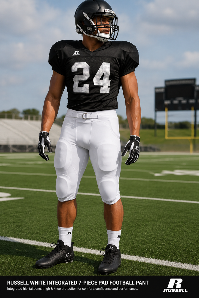 Russell White Integrated 7-Piece Pad Football Pants featuring built-in hip, tailbone, thigh, and knee pads with an integrated 7-pad protection system from Impress Athletix, a Momentec Brands authorized dealer.