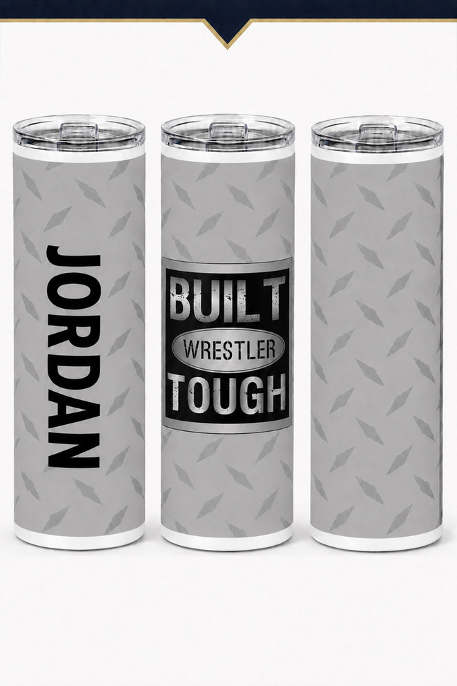 Three views of a personalized gray wrestling tumbler featuring the name JORDAN, feather pattern, and “Built Wrestler Tough” design.