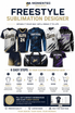 Momentec Brands FreeStyle Sublimation Designer infographic showing the step-by-step process for creating custom sublimated team uniforms, apparel, and spirit wear with personalized colors, logos, artwork, and roster information.