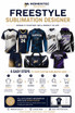 Momentec Brands FreeStyle Sublimation Designer infographic showing the step-by-step process for creating custom sublimated team uniforms, apparel, and spirit wear with personalized colors, logos, artwork, and roster information.