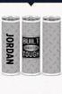 Three views of a personalized gray wrestling tumbler featuring the name JORDAN, feather pattern, and “Built Wrestler Tough” design.