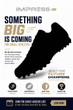 Promotional graphic for the Impress One youth track spike launch featuring a large black silhouette of a low-profile track spike with pointed spikes visible underneath. The headline reads, "Something Big is Coming for Small Athletes." Supporting text invites shoppers to join the early access launch list for exclusive updates, launch day access, and special offers. A callout reads, "Built for Future Champions." Four feature icons highlight Youth-First Design, Lightweight Performance, Built for Multi-Event, and Made for Champions. The design uses a clean white background with Impress One branding in metallic silver and premium gold, navy and gold typography, and a navy call-to-action banner encouraging visitors to "Join the Early Access List" with a gold "Join Now" button.