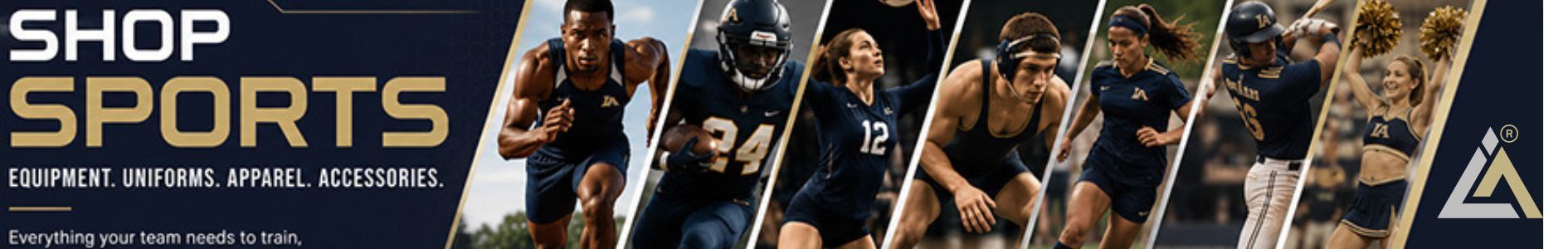 Shop Sports category banner featuring athletes competing in track & field, football, volleyball, wrestling, soccer, baseball, and cheer alongside the headline "Shop Sports." The banner highlights equipment, custom uniforms, apparel, and accessories in Impress Athletix's navy, gold, and white brand colors.