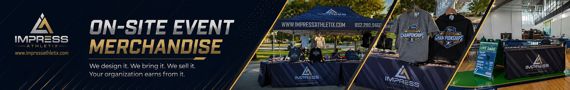 Impress Athletix on-site event merchandise booth featuring custom tournament T-shirts, hoodies, branded displays, and live event apparel sales.