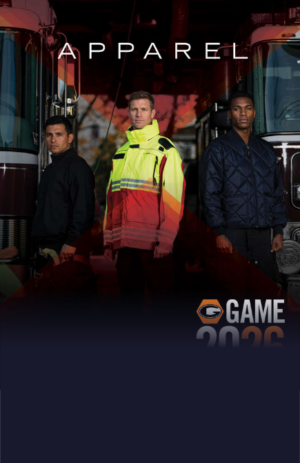 Game Sportswear 2026 Apparel catalog cover featuring professional workwear models wearing safety jackets, quilted outerwear, and uniform apparel, showcasing durable work clothing, outerwear, safety gear, and branded apparel solutions for businesses, public safety, transportation, and industrial organizations.