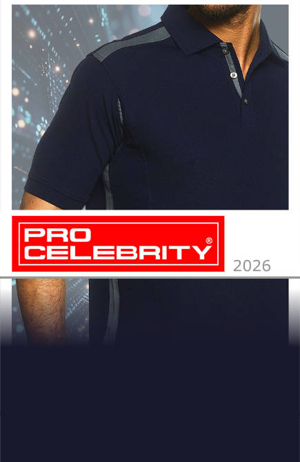Pro Celebrity 2026 catalog cover featuring a performance polo shirt design, showcasing professional apparel, corporate clothing, uniforms, polos, activewear, and custom branded apparel solutions for businesses, teams, organizations, and events.