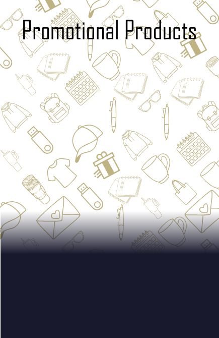 Promotional Products catalog cover featuring custom branded merchandise icons including apparel, drinkware, bags, writing instruments, office supplies, and corporate gifts for businesses, schools, teams, events, and organizations.
