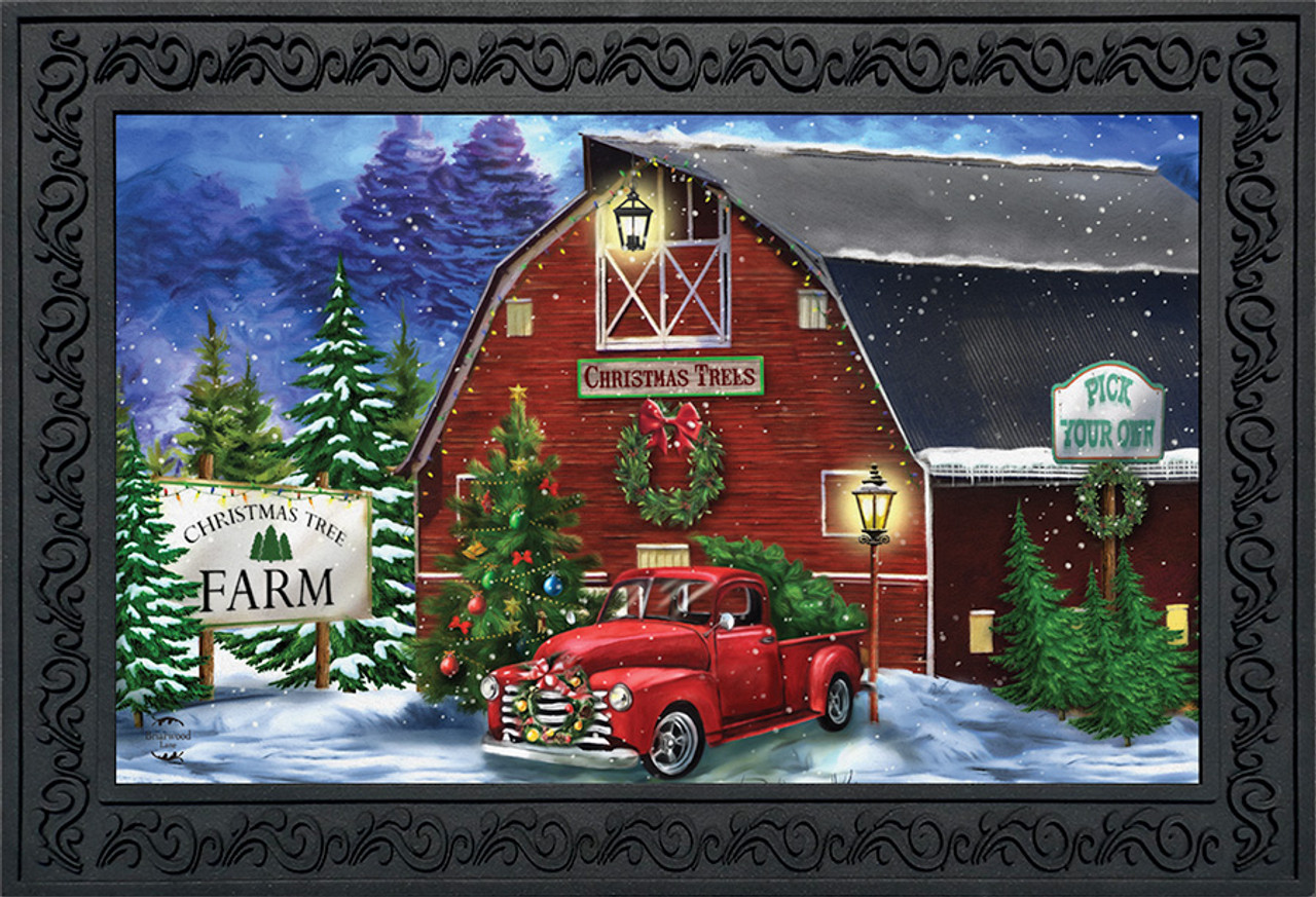 Christmas Door Mat Outdoor for Front Door Decorations , Red Farm Truck  Merry Christmas Tree Doormat,Winter Christmas Holiday Welcome Floor Mat Rug