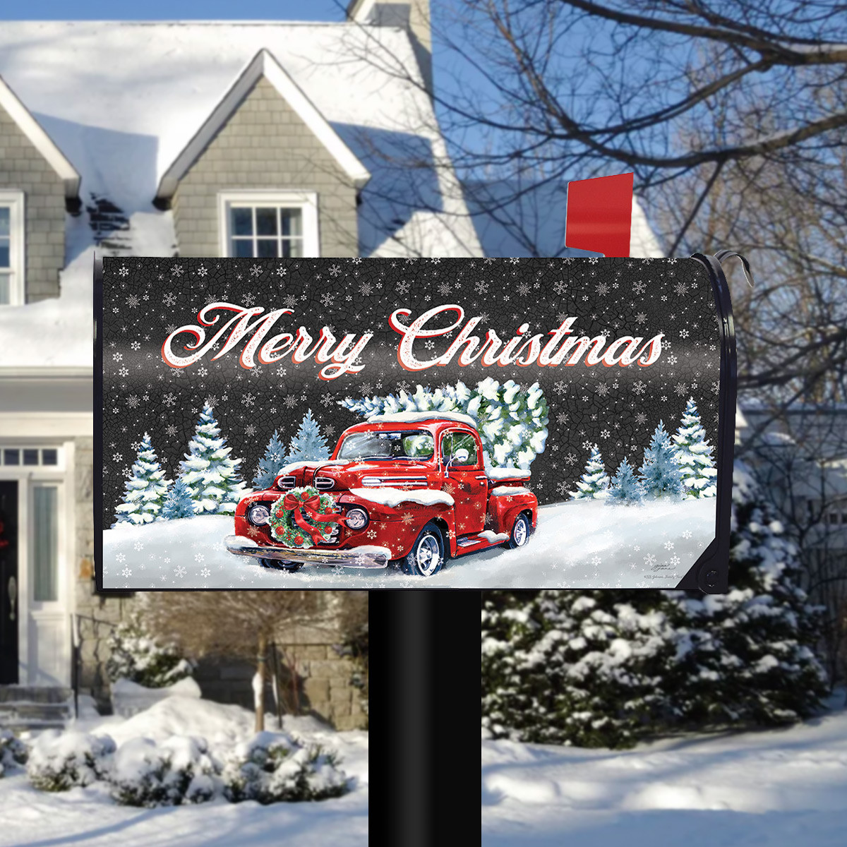 Merry Christmas Pickup Vinyl Mailbox Cover - Thumbnail 4