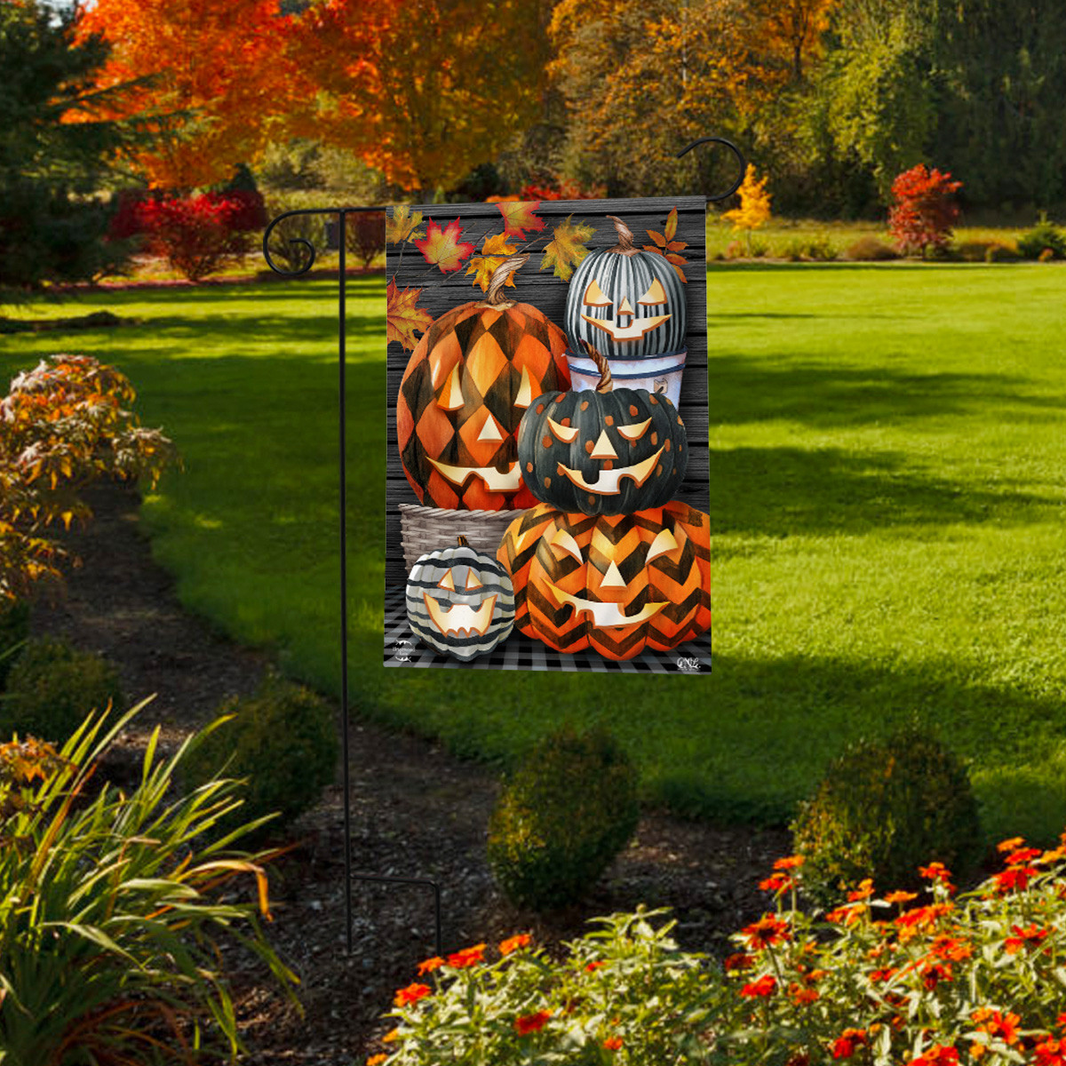 Patterned Jack-O-Lanterns Halloween Garden Flag - Briarwood Lane