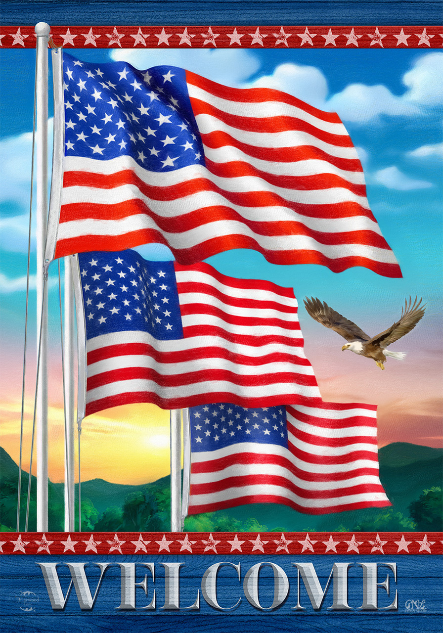 Waving American Flags Welcome Garden Flag