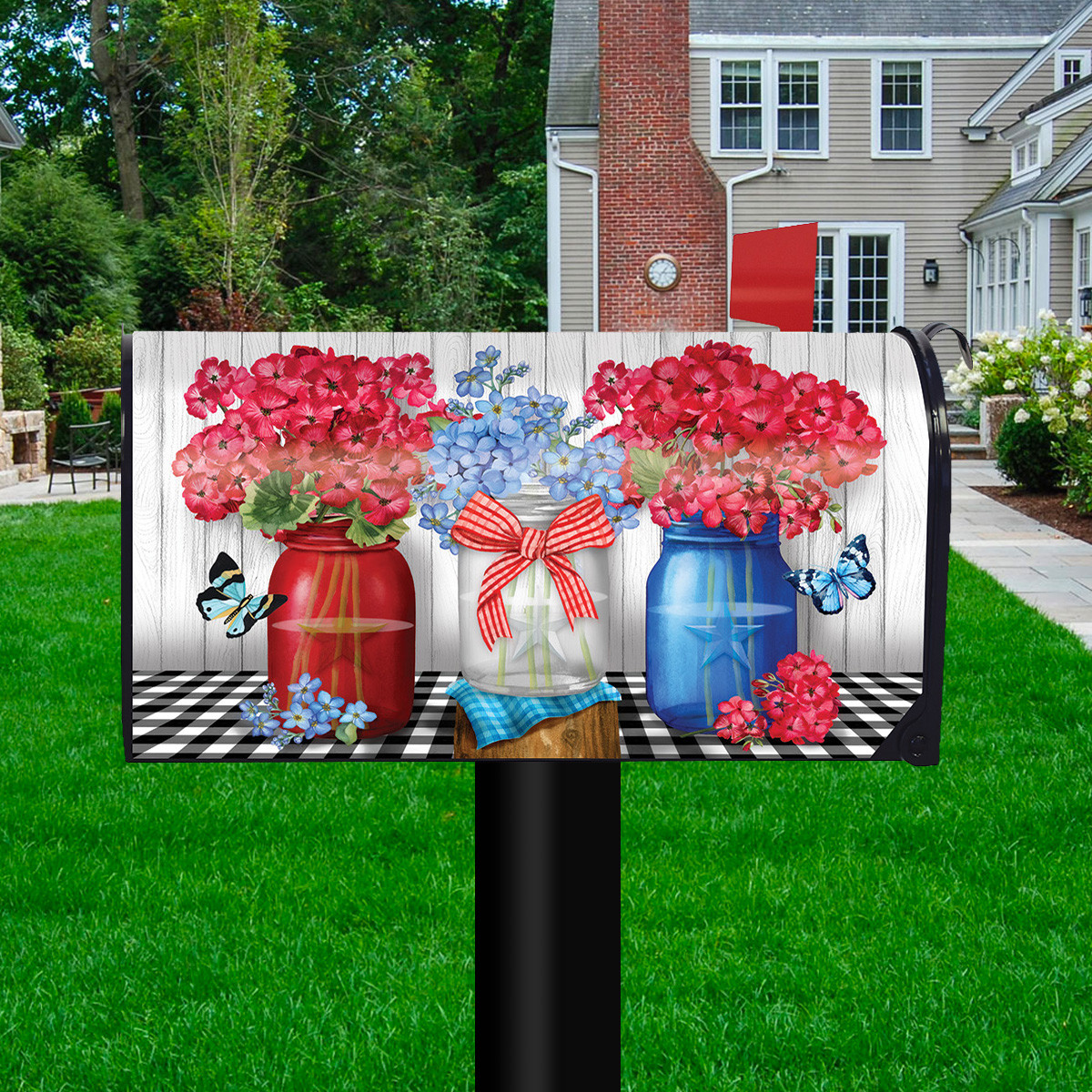 Red White And Blue Jars Patriotic Large Oversized Mailbox Cover Floral