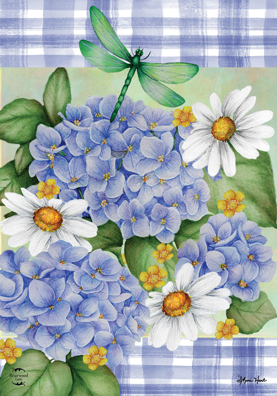 dragonfly ブルーフラワープレイン プレート4枚 Dragonfly and Hydrangea Garden Flag - Briarwood Lane