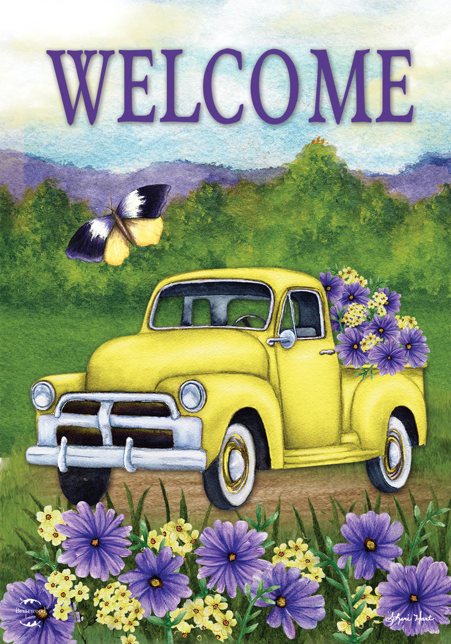 Yellow Pickup Truck House Flag - Briarwood Lane