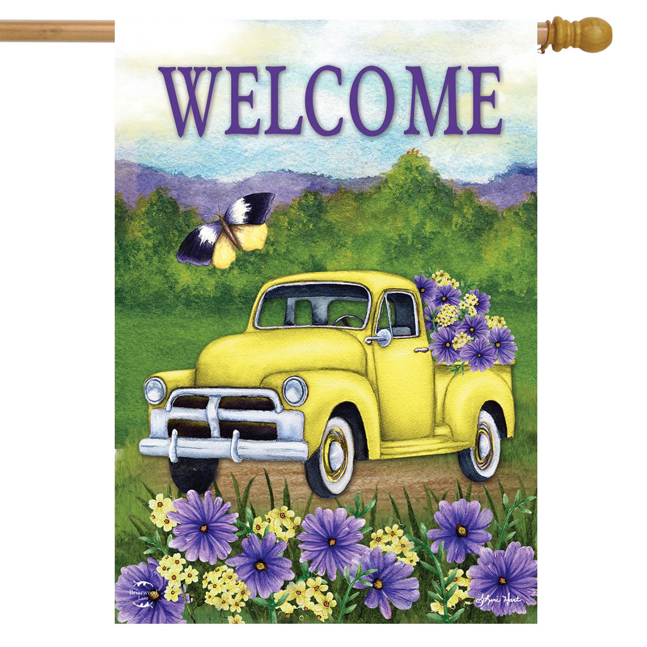 Yellow Pickup Truck House Flag - Briarwood Lane
