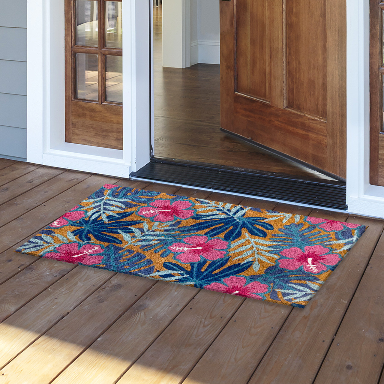 Pink and Blue Tropical Coir Doormat 18 x 30 - Briarwood Lane