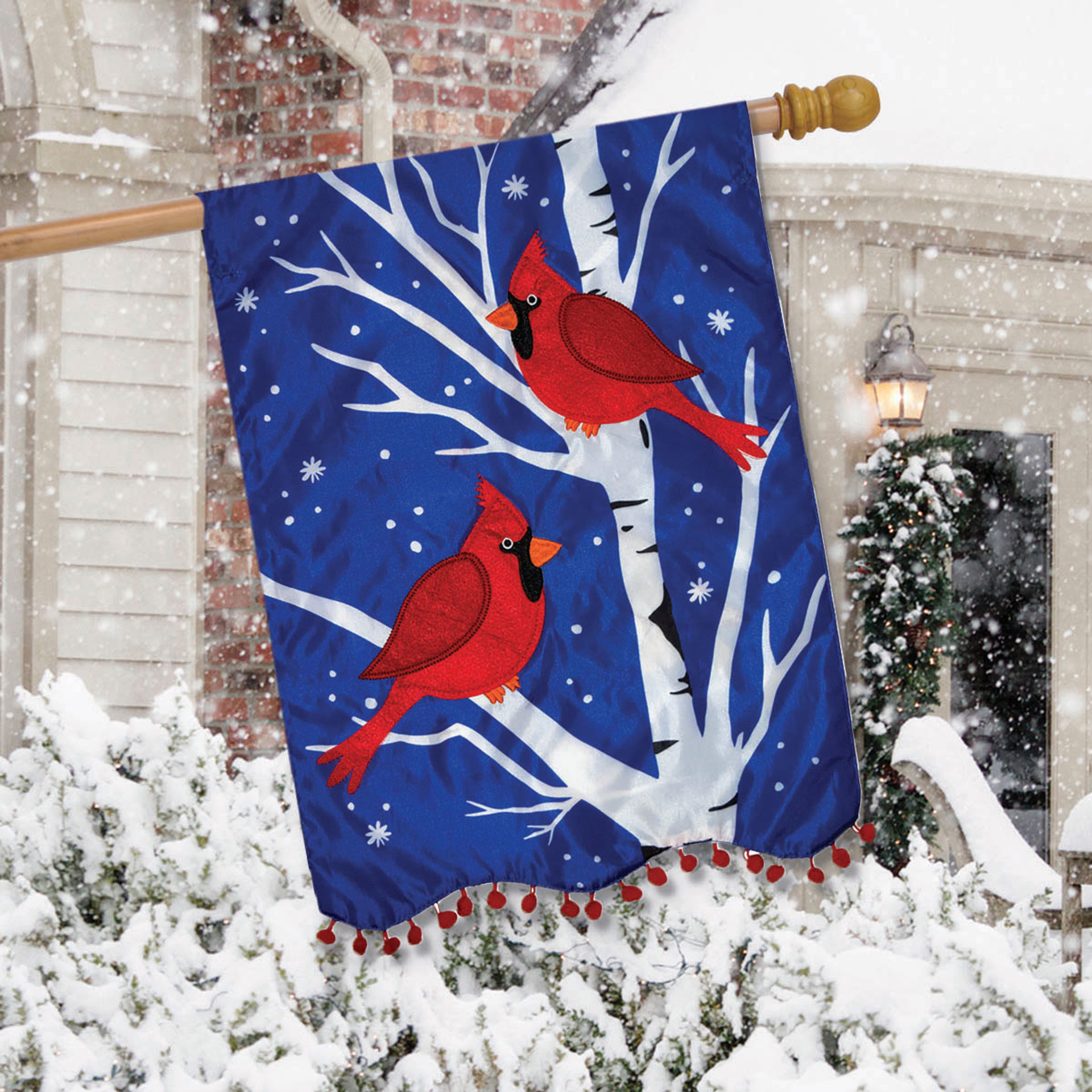 Winter Cardinals Applique House Flag - DiscountDecorativeFlags.com