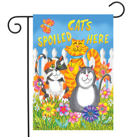 Briarwood Lane Cats Spoiled Here garden flag with colorful cats and flowers, feline humor design.