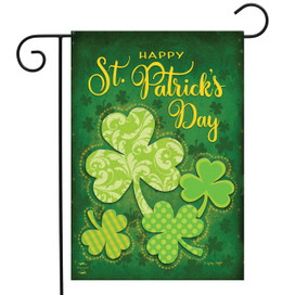 Briarwood Lane Lucky Shamrocks Garden Flag with Happy St. Patty's Day gold lettering and four leaf clover.
