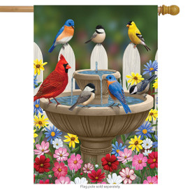 Briarwood Lane Birdbath Gathering Seasonal House Flag with colorful birds and flowers on a decorative banner.