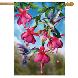 Briarwood Lane spring house flag with colorful hummingbirds and flowers for festive porch or yard display.