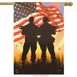 Briarwood Lane American Heroes Patriotic House Flag with stitched soldiers and waving USA stars stripes.