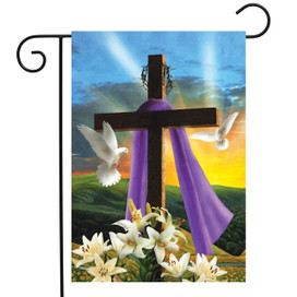 Briarwood Lane Easter Sunrise garden flag with cross, lilies, and doves on colorful spring background.