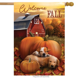 Briarwood Lane Welcome Fall Puppies House Flag with colorful dogs, pumpkins, and barn on small printed fabric.