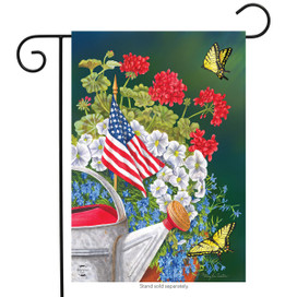 Briarwood Lane small printed garden flag with colorful summer flowers, butterflies, and American flag design.