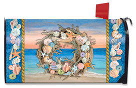 Briarwood Lane Driftwood Wreath Summer Mailbox Cover with colorful seashells on a beach background.