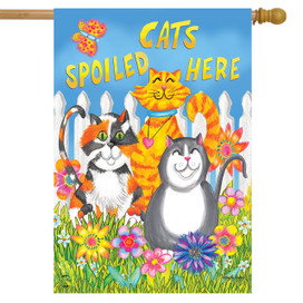 Briarwood Lane Cats Spoiled Here floral house flag with colorful cats and flowers on vibrant background.