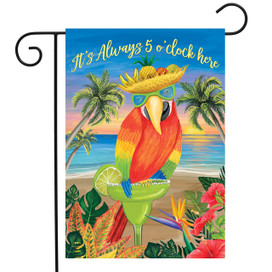 Briarwood Lane Always 5 O'Clock Garden Flag with colorful parrot, palm trees, and beach scene.