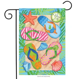 Briarwood Lane colorful garden flag with flip flops, starfish, and shells on sandy beach background.