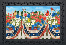 Briarwood Lane American Birds Spring Doormat with cardinal, chickadee, stars, and stripes patriotic design.