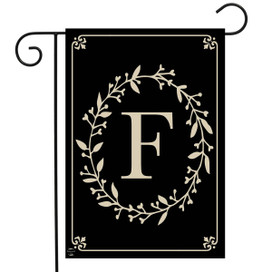Briarwood Lane classic monogram letter F garden flag, black with elegant white printed decorative design.