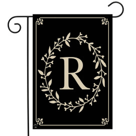Briarwood Lane classic monogram garden flag with elegant gold letter R on black background.