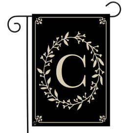 Briarwood Lane small black garden flag with elegant, vintage monogram letter C and floral wreath design.