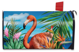 Briarwood Lane Flamingo Paradise Summer Mailbox Cover with colorful tropical design and vibrant flamingo scene.