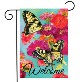 Briarwood Lane small printed garden flag with colorful butterflies and flowers, cheery welcome message.