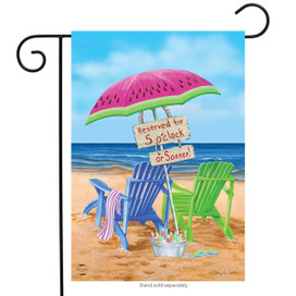Briarwood Lane Beach Bum Summer Garden Flag with colorful beach scene and sand, umbrella, sun.